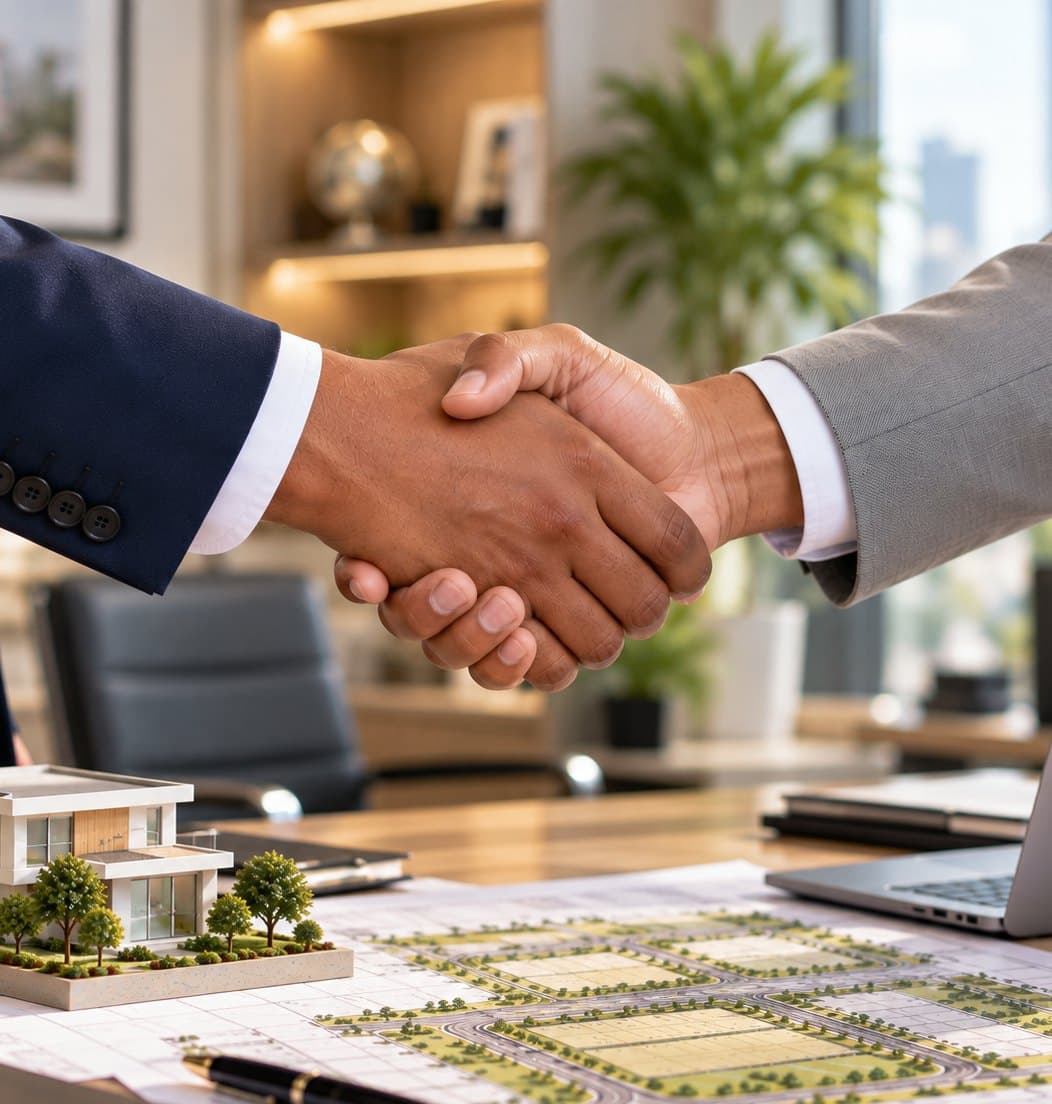 Handshake over a plot layout plan