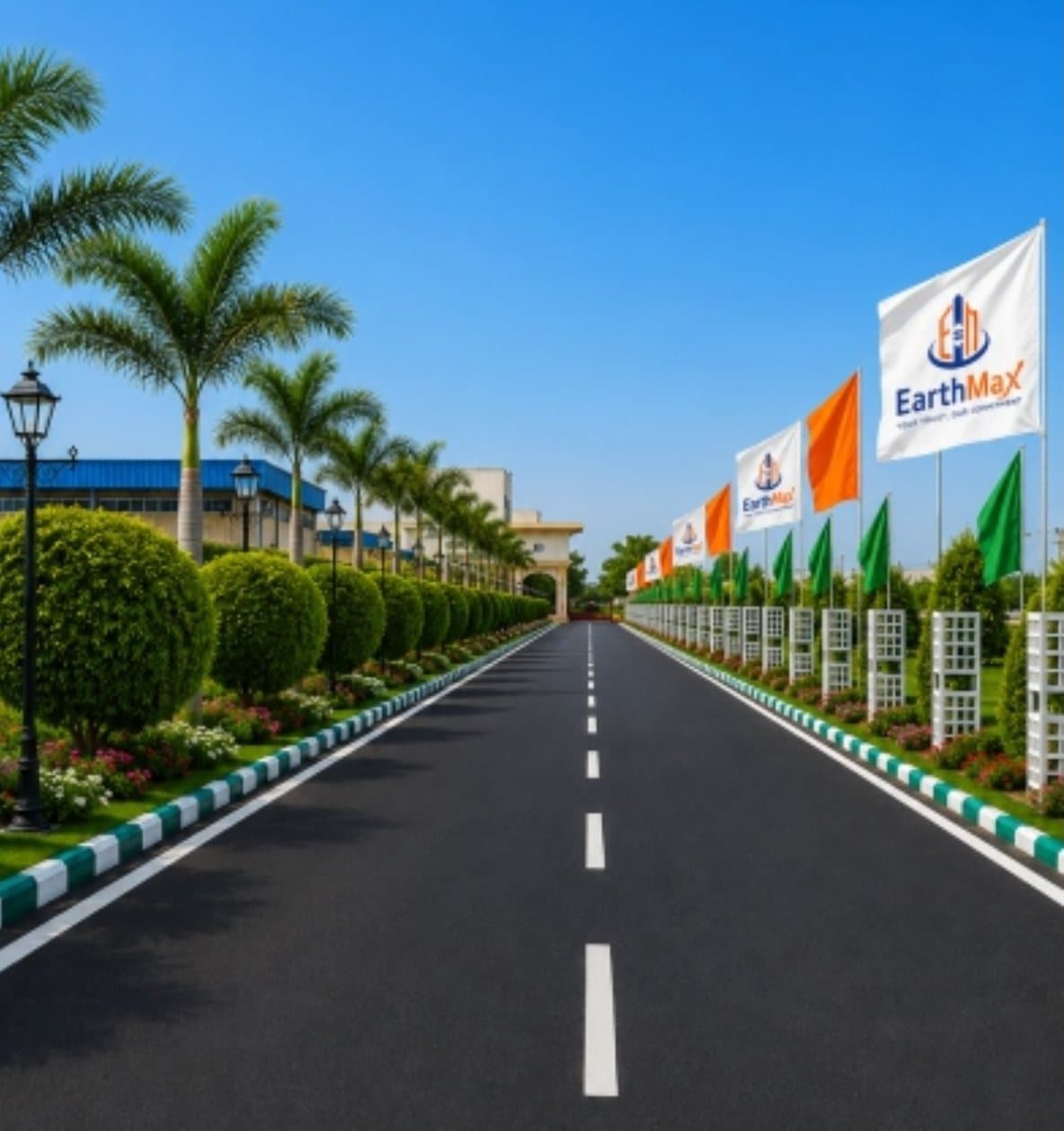 Wide internal roads with landscaping