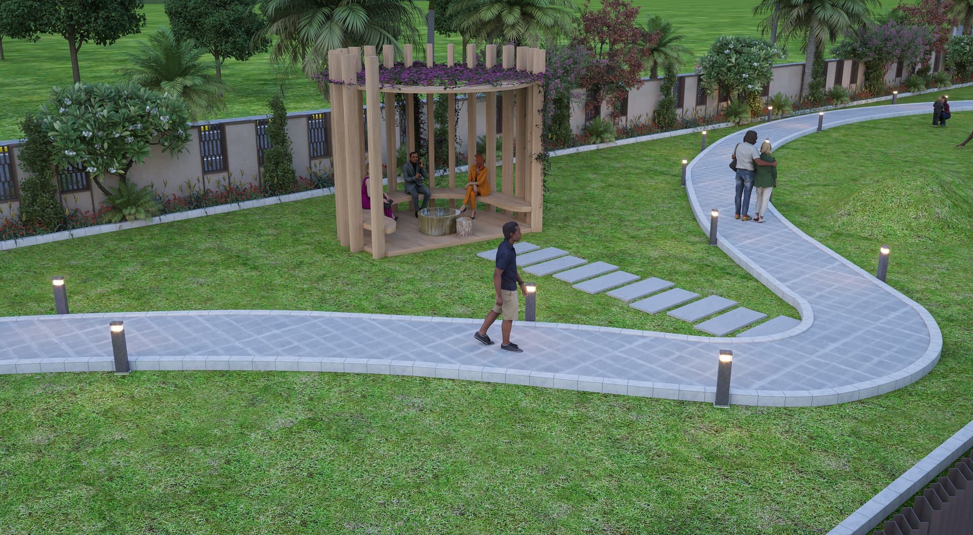 Gazebo seating along the garden walkway