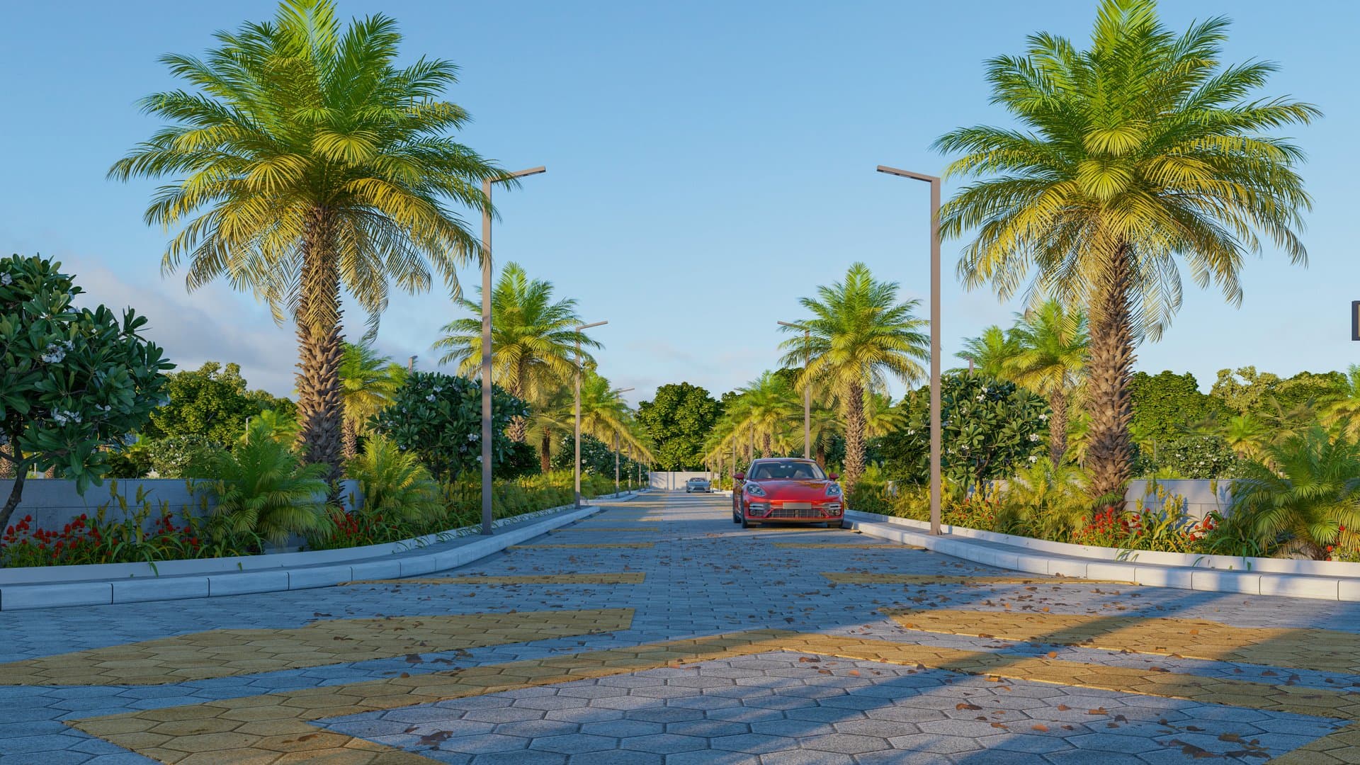 Wide internal road lined with palms and street lights